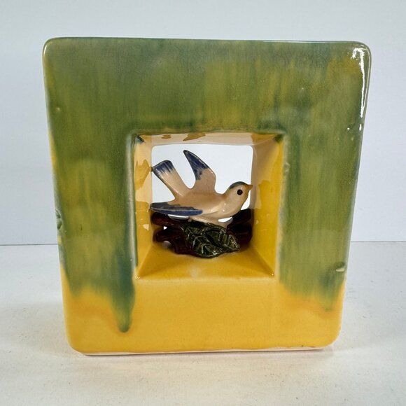 Vintage McCoy green and yellow ceramic square bird vase 6.75" tall - Picture 1 of 10